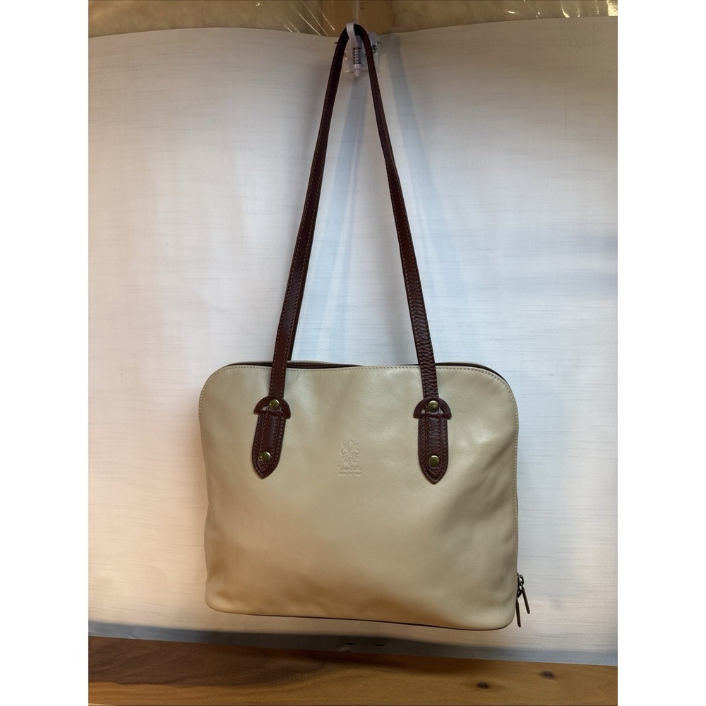 Borse In Pelle Italy Cream Brown Pebbled Genuine Leather Tote Shoulder Bag